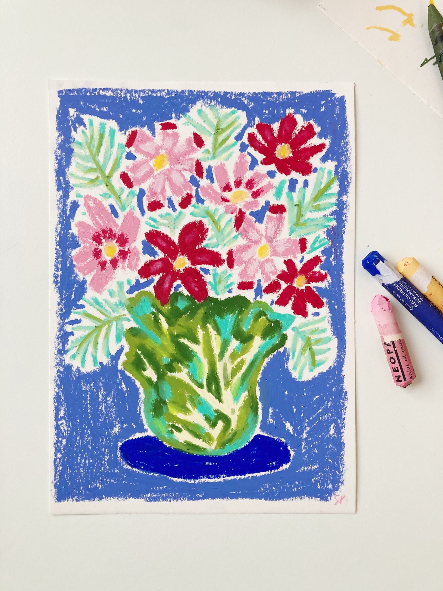 Cosmos in Cabbage Vase: Original Artwork Oil Pastel A5
