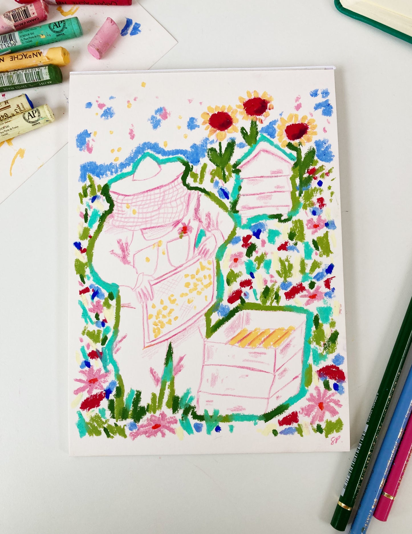 Beekeeper: Original Artwork Oil Pastel A5