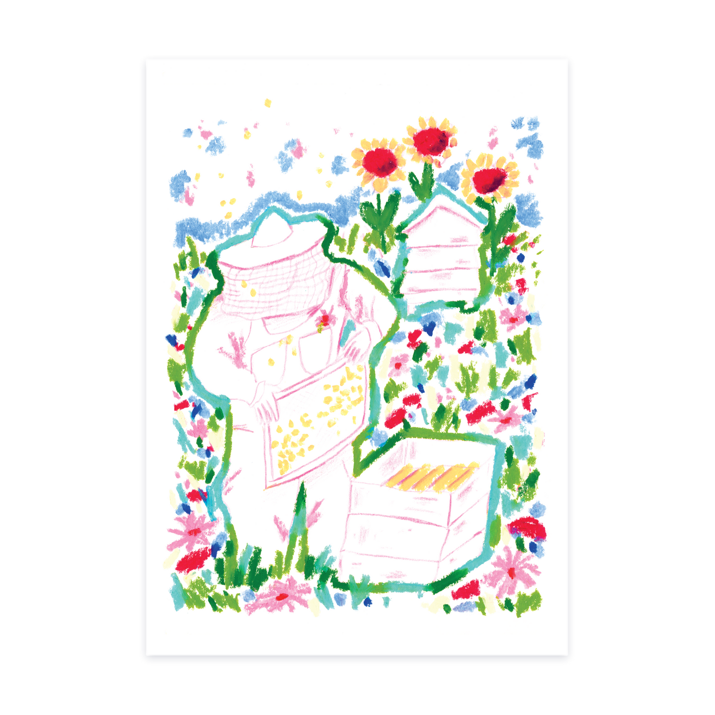 Oil Pastel and pencil drawing of a beekeeper in summer flowers, colourful art print illustration.