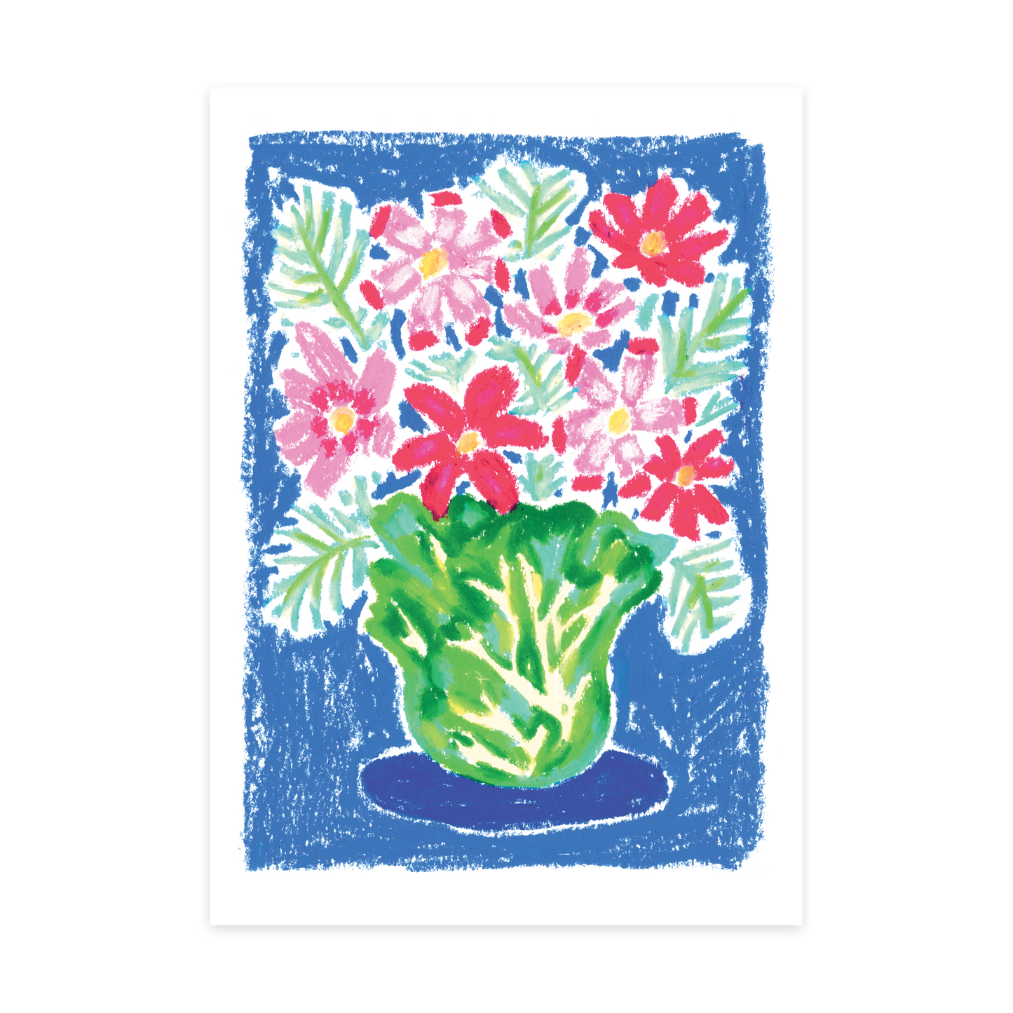 Oil pastel drawing of pink cosmos flowers in a green cabbage vase, fine art print