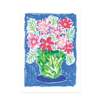 Oil pastel drawing of pink cosmos flowers in a green cabbage vase, fine art print