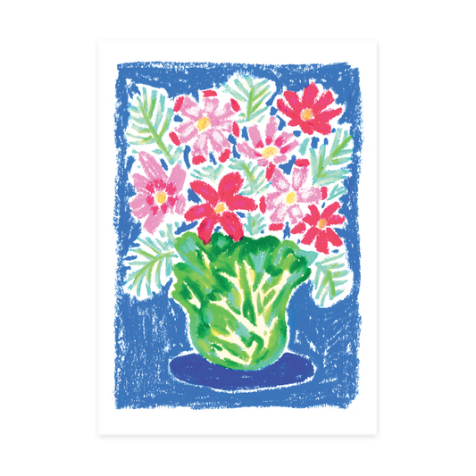Oil pastel drawing of pink cosmos flowers in a green cabbage vase, fine art print