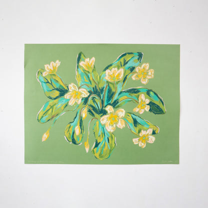 Dreaming of Primroses, Waiting or Spring. Oil Pastel drawing on green paper by Sophie Potter.