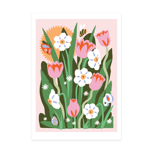 Garden Tulips and Daffodils A3 Fine Art Print
