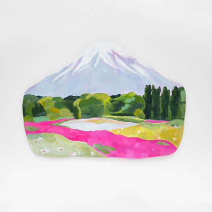 Mount Fuji Plywood Painting with Pink Flowers Sophie Potter - Original Artwork, Acrylic Paint on Plywood board.
