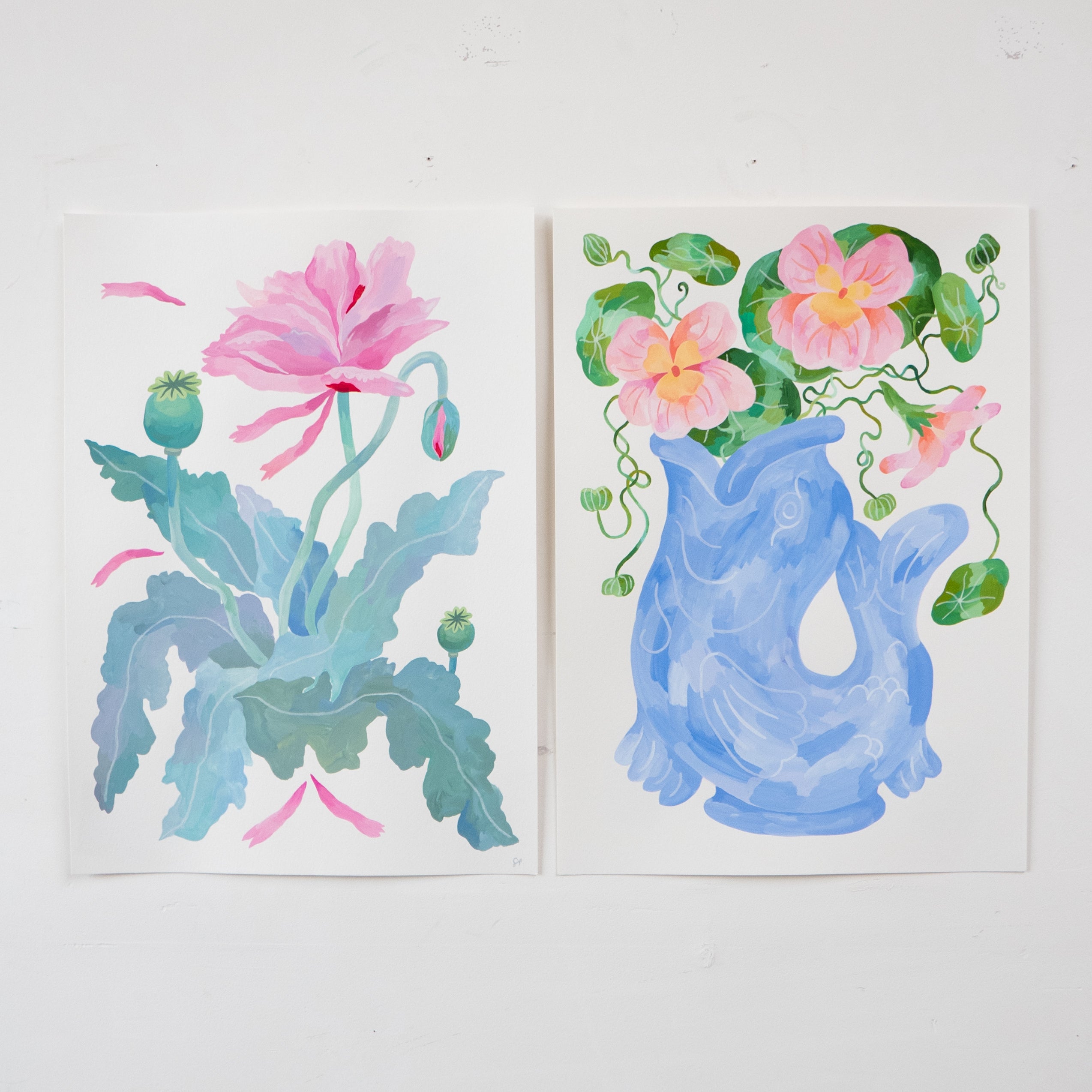 Acryla Gouache colourful paintings of oriental poppies and a fish jug filled with nasturtiums, made by artist Sophie Potter