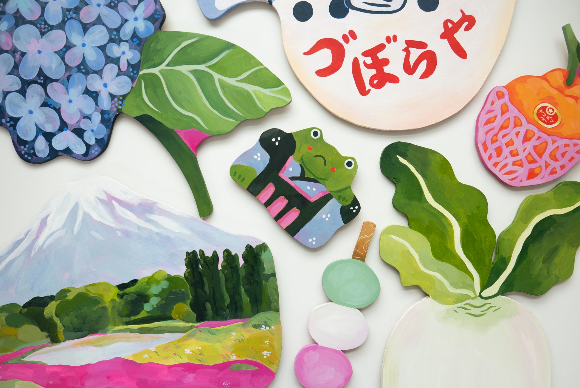 Colourful acrylic paintings on plywood inspired by Japan, made in Cardiff by Sophie Potter