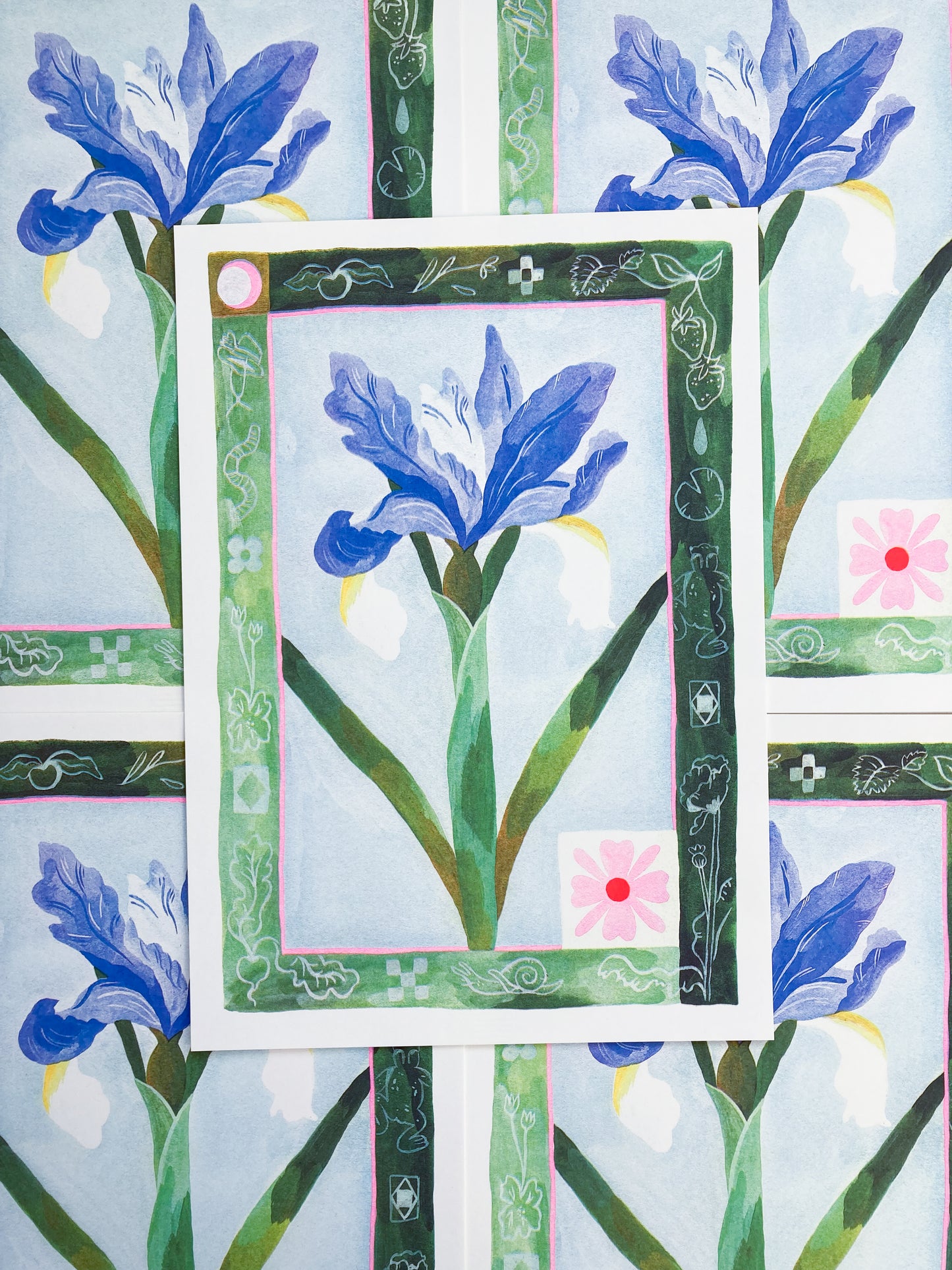 Rich lush greens and bright blue inks for this riso replica of an iris painting, by Sophie Potter. An excellent gift.