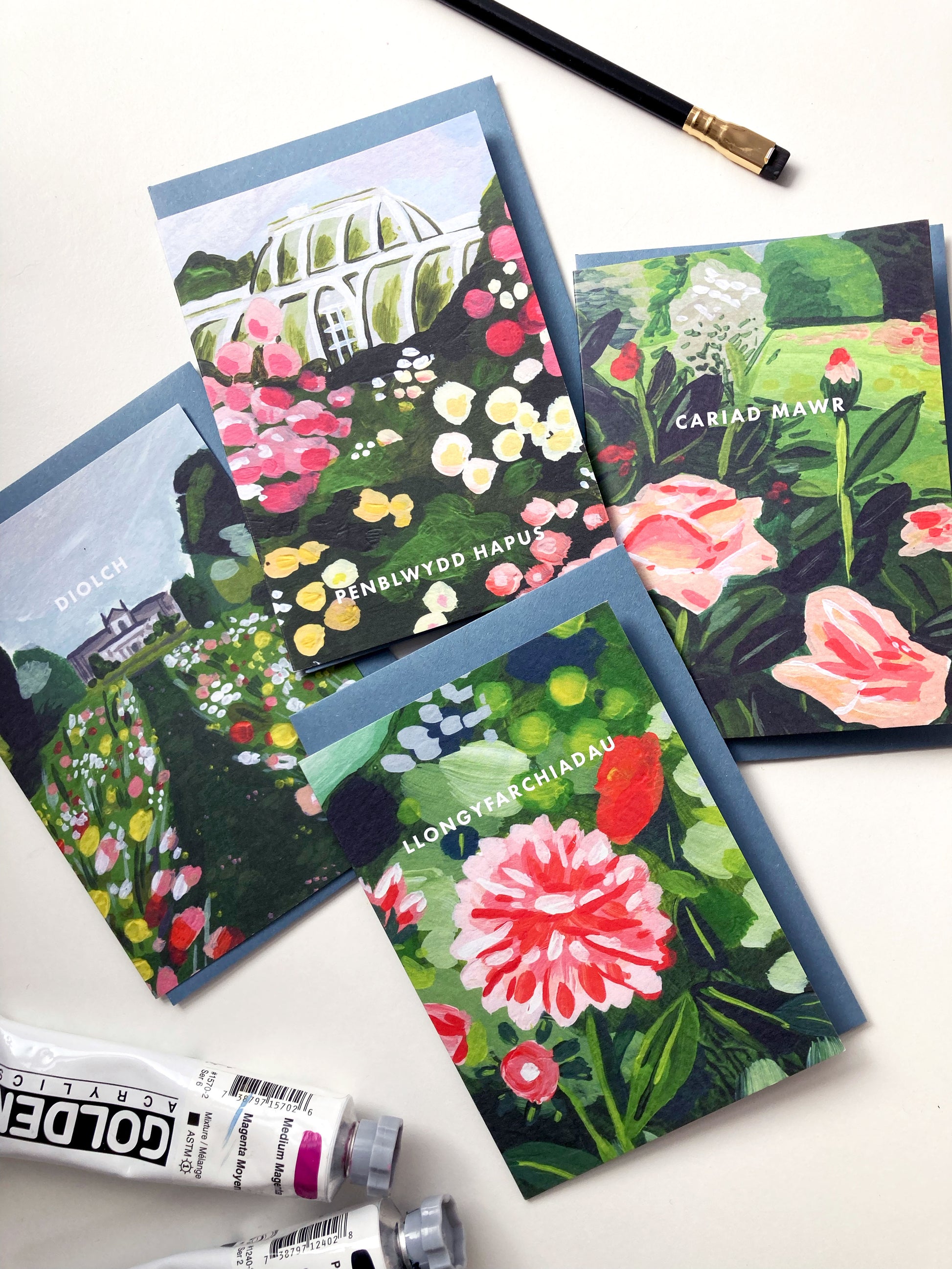 Cerdiau cymraeg, welsh greetings cards with painted gardens, by Sophie Potter painted in Cardiff.
