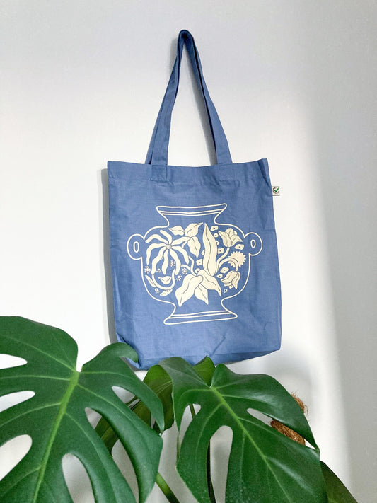 Floral Vase Screen Printed Tote Bag - Blue